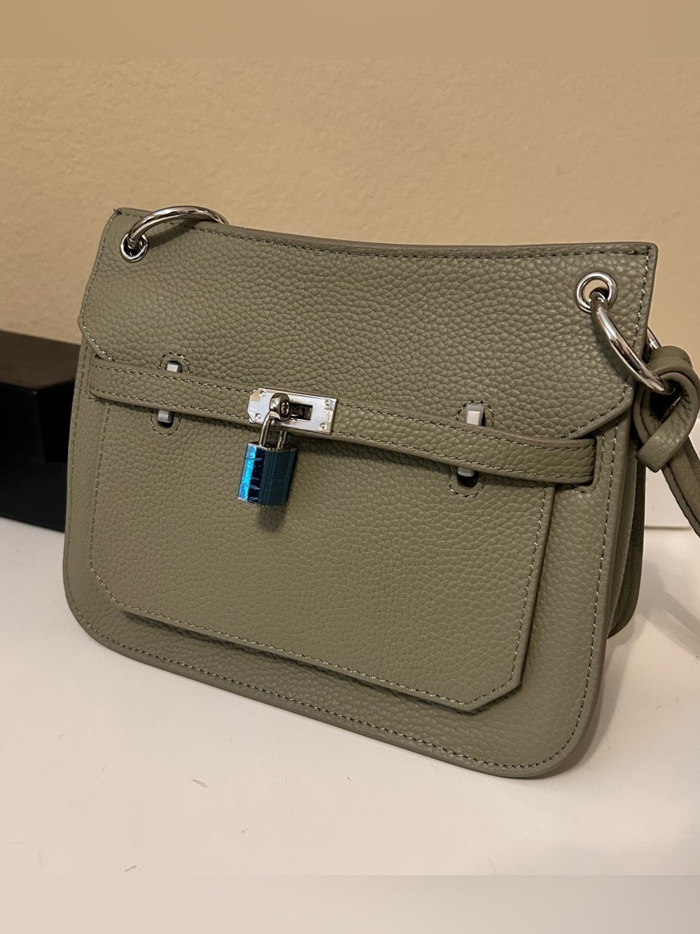 Olive Green Textured Leather Shoulder Bag with Padlock Accent